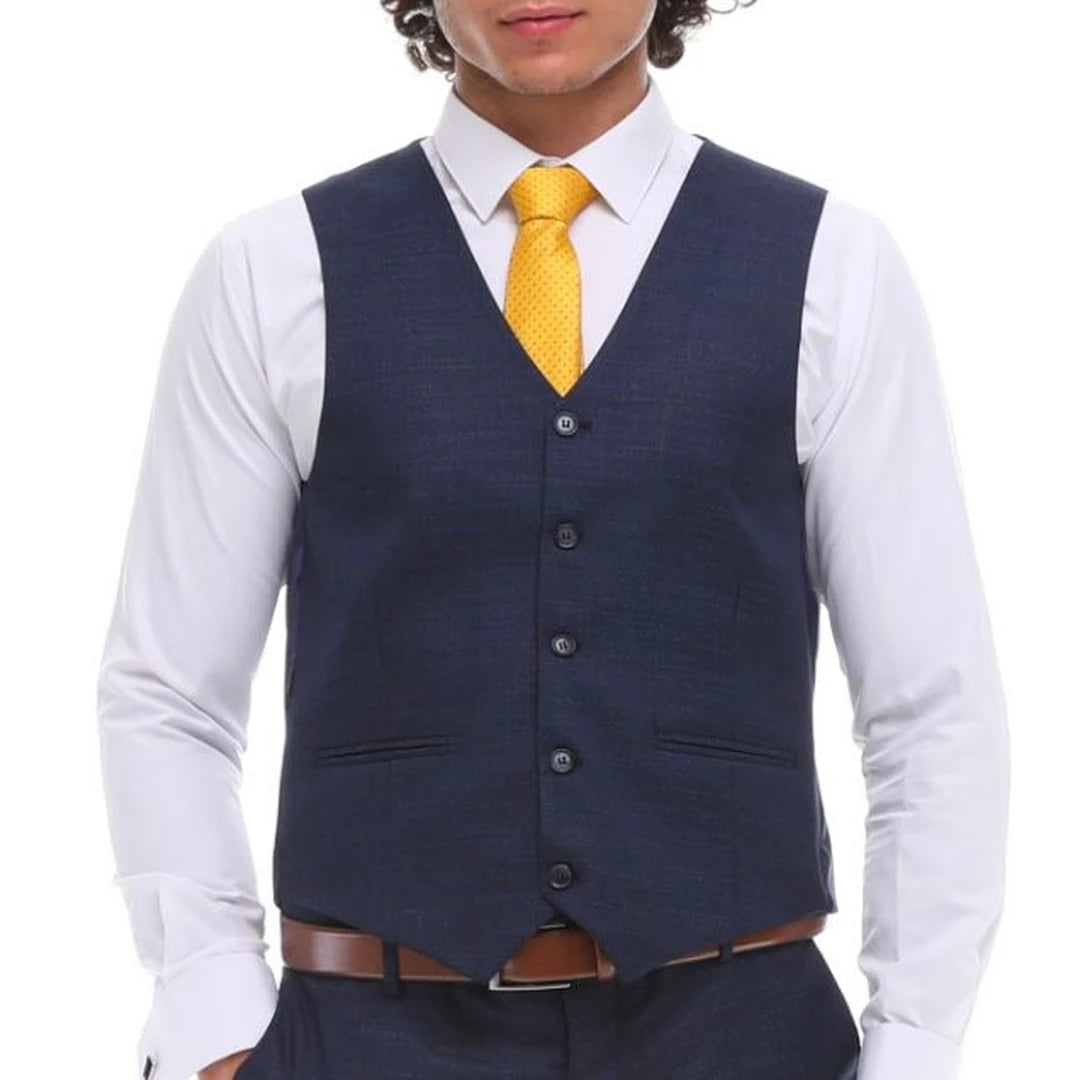 Mens 3 Piece Suit Navy Blue Grey Brown Check Contrasting Waistcoat Trouser-TruClothing