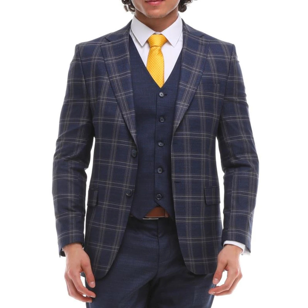 Mens 3 Piece Suit Navy Blue Grey Brown Check Contrasting Waistcoat Trouser-TruClothing