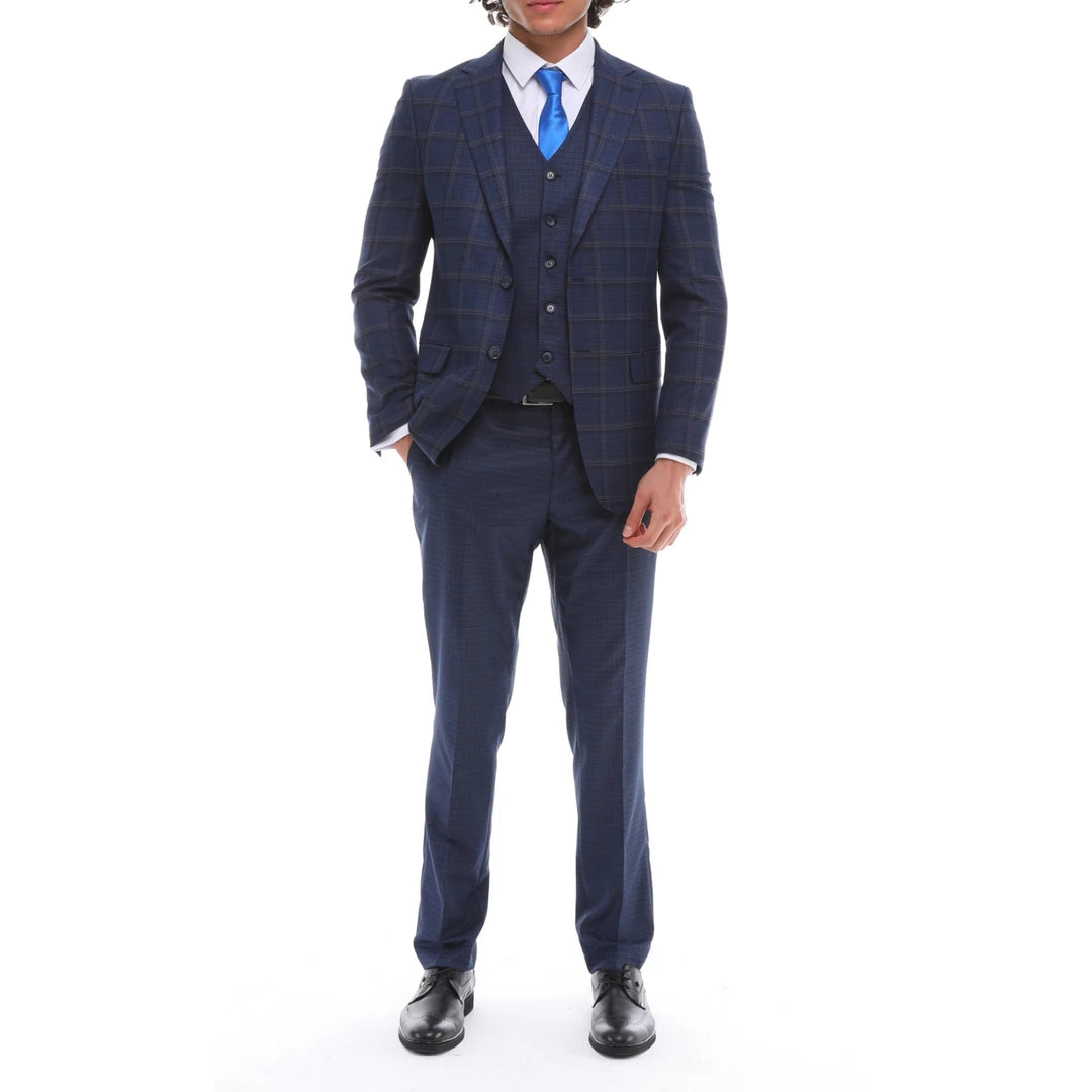 Mens 3 Piece Suit Navy Check Contrasting Waistcoat Trousers Tailored Fit Wedding-TruClothing