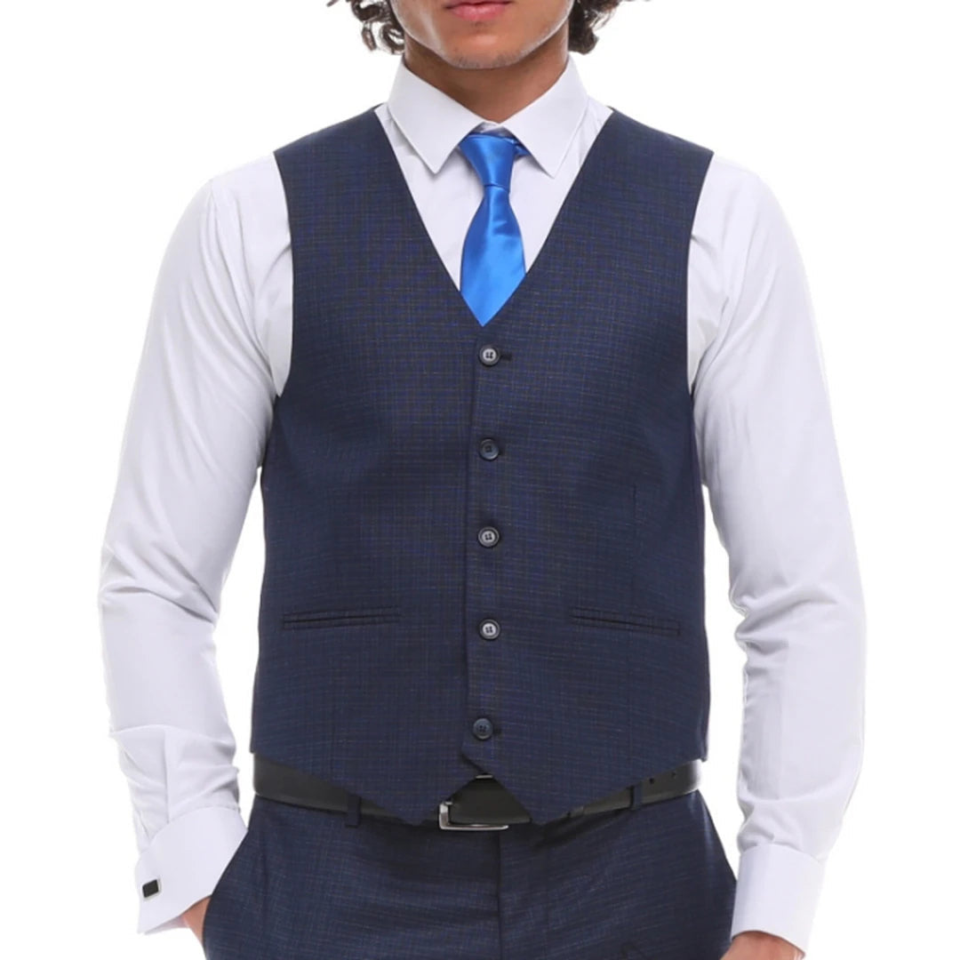 Mens 3 Piece Suit Navy Check Contrasting Waistcoat Trousers Tailored Fit Wedding-TruClothing