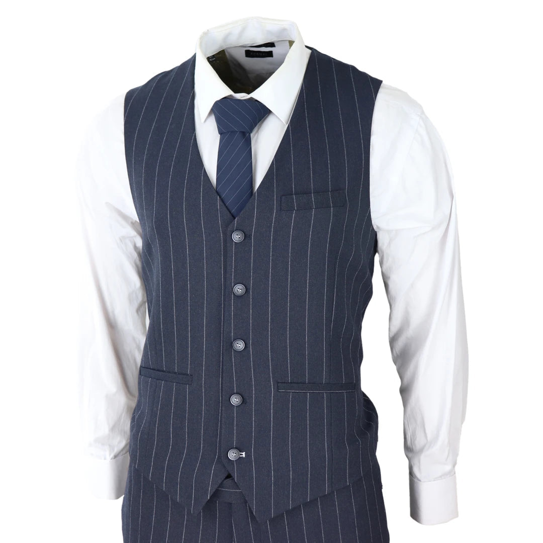 Mens 3 Piece Suit Pin Stripe Navy Classic Vintage Retro 1920s Tailored Fit Wedding-TruClothing