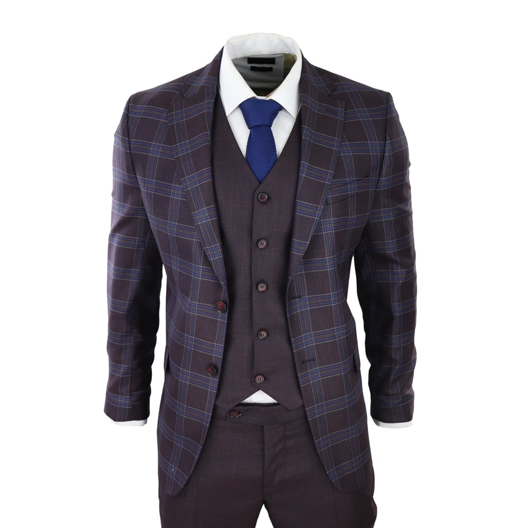 Mens 3 Piece Suit Purple Blue Check Check Contrasting Waistcoat Trouser Wedding-TruClothing