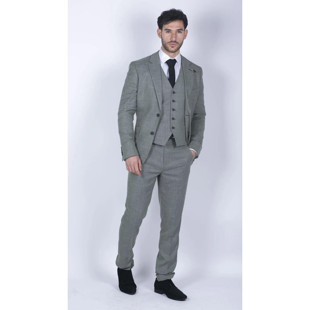 Mens 3 Piece Suit Sage Green Summer Linen Tailored Fit Wedding Prom Classic-TruClothing
