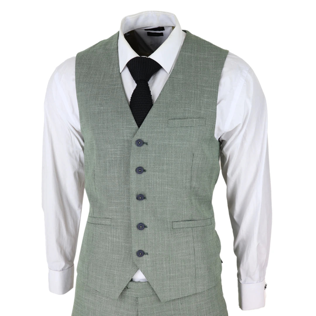 Mens 3 Piece Suit Sage Green Summer Linen Tailored Fit Wedding Prom Classic-TruClothing