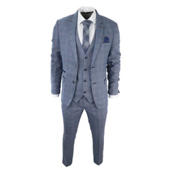 Mens 3 Piece Suit Sky Blue Check Wool Feel Marc Darcy Tailored Fit Wedding Prom Harry-TruClothing
