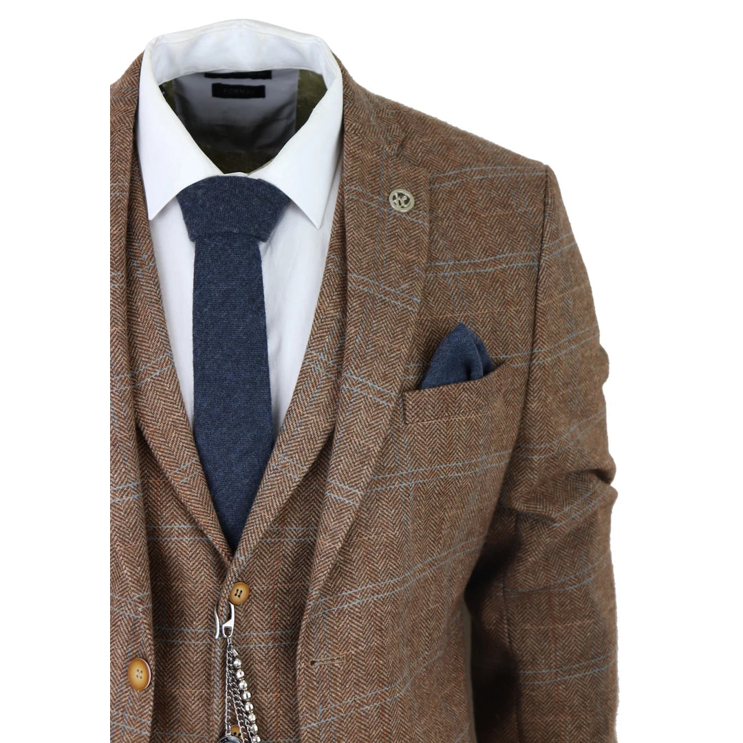 Men's 3 Piece Suit Wool Tweed Herringbone Tan Brown Blue Check 1920s Gatsby-TruClothing
