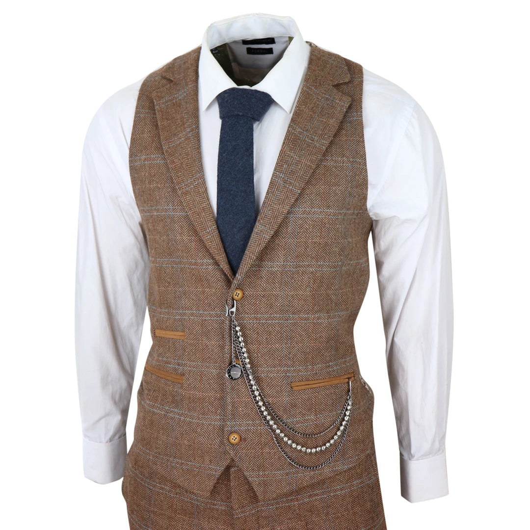 Men's 3 Piece Suit Wool Tweed Herringbone Tan Brown Blue Check 1920s Gatsby-TruClothing
