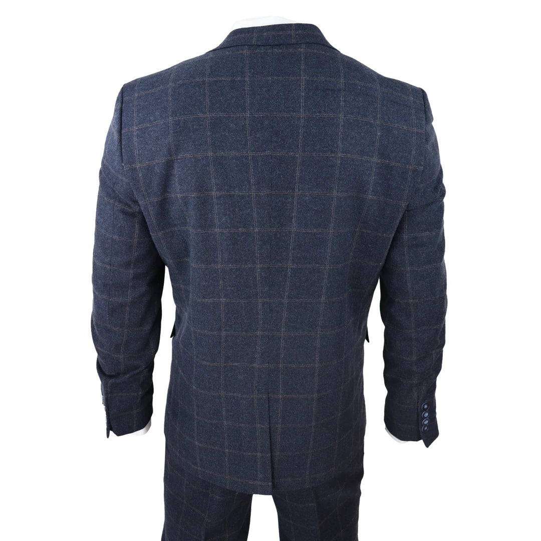 Men's 3 Piece Suit Wool Tweed Navy Blue Brown Check 1920s Gatsby-TruClothing