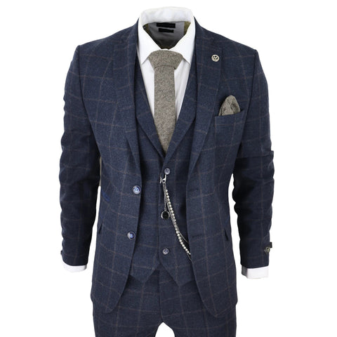 TruClothing Traje de Hombre 3 Piezas Lana Tweed Espiga Azul Marino