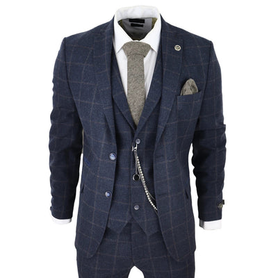 STZ72 - Men's 3 Piece Suit Wool Tweed Navy Blue Brown Check 1920s Gatsby Formal Dress Suits