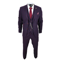 Men's 3 Piece Suit Wool Tweed Plum Wine Check 1920s Gatsby-TruClothing