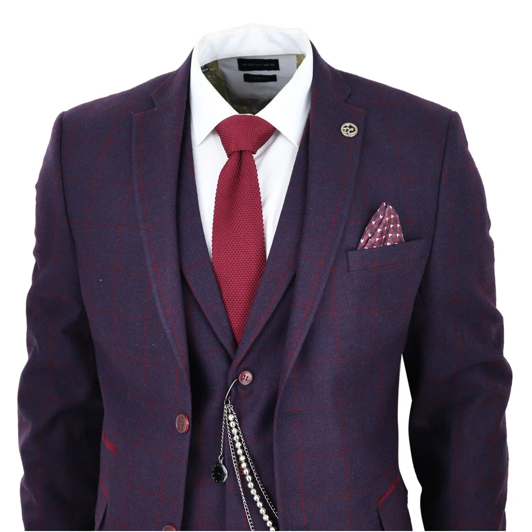 TruClothing Men s 3 Piece Suit Wool Tweed Herringbone Plum