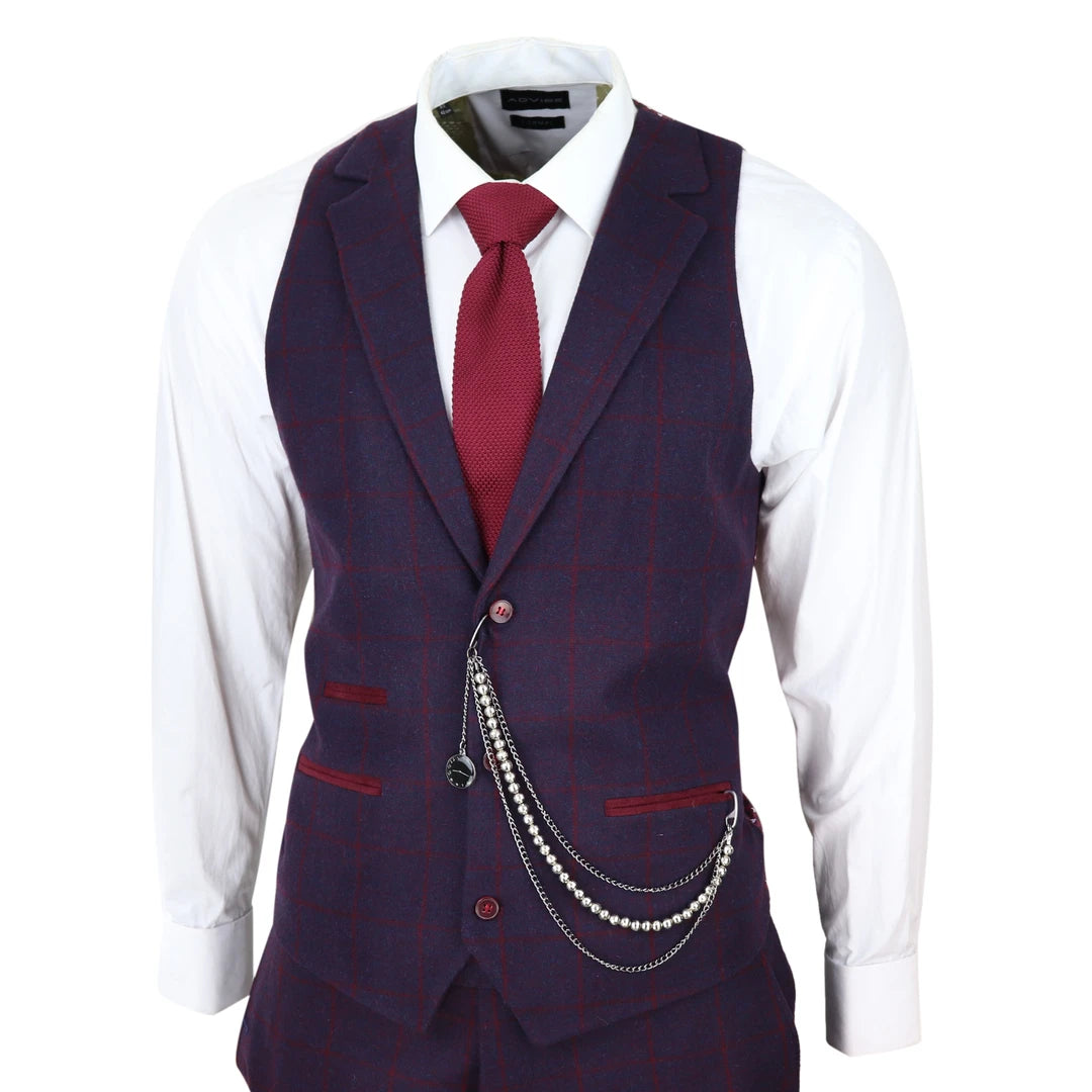 Men's 3 Piece Suit Wool Tweed Plum Wine Check 1920s Gatsby-TruClothing