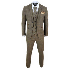 Mens 3 Piece Tweed Check Suit - Brown-TruClothing