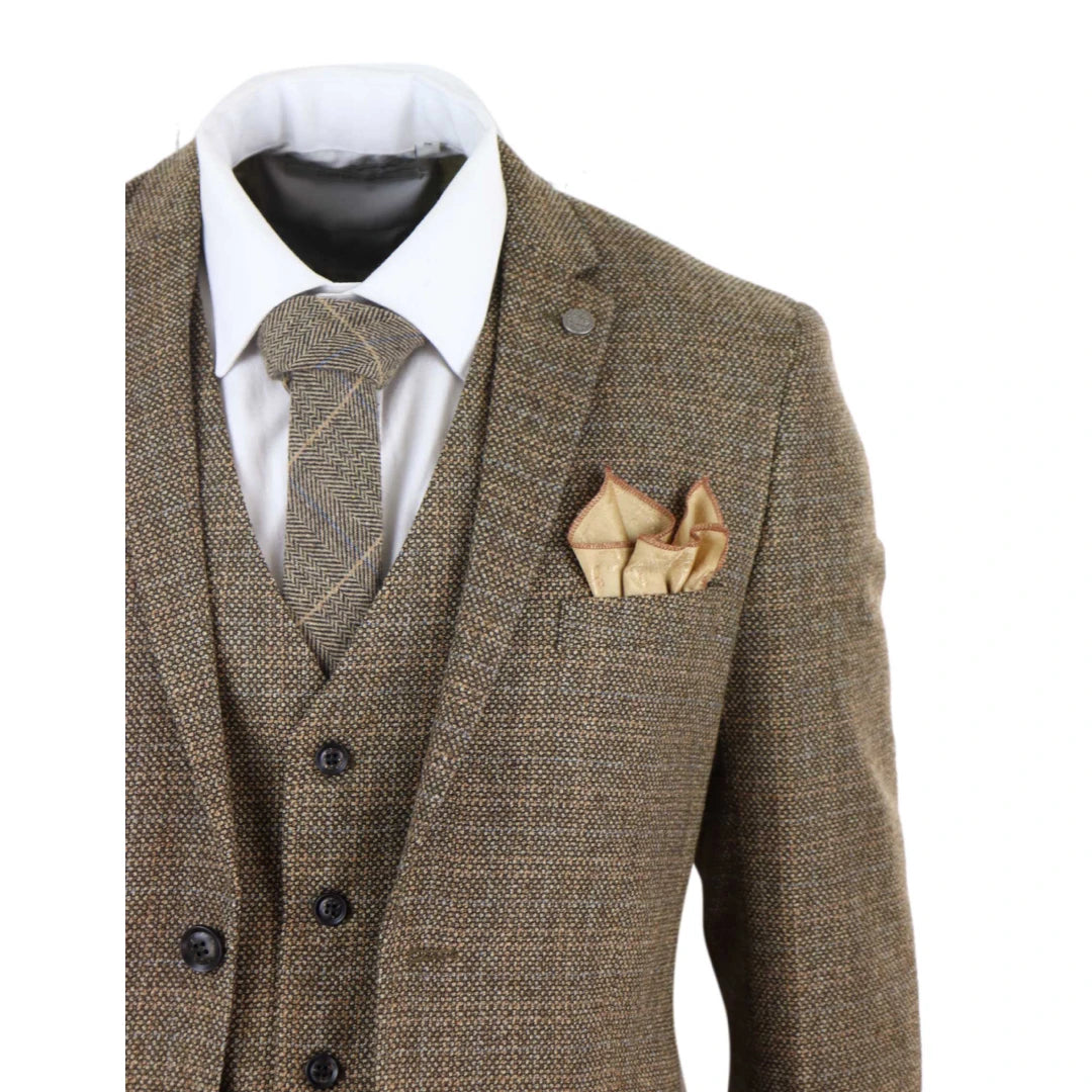 Mens 3 Piece Tweed Check Suit - Brown-TruClothing