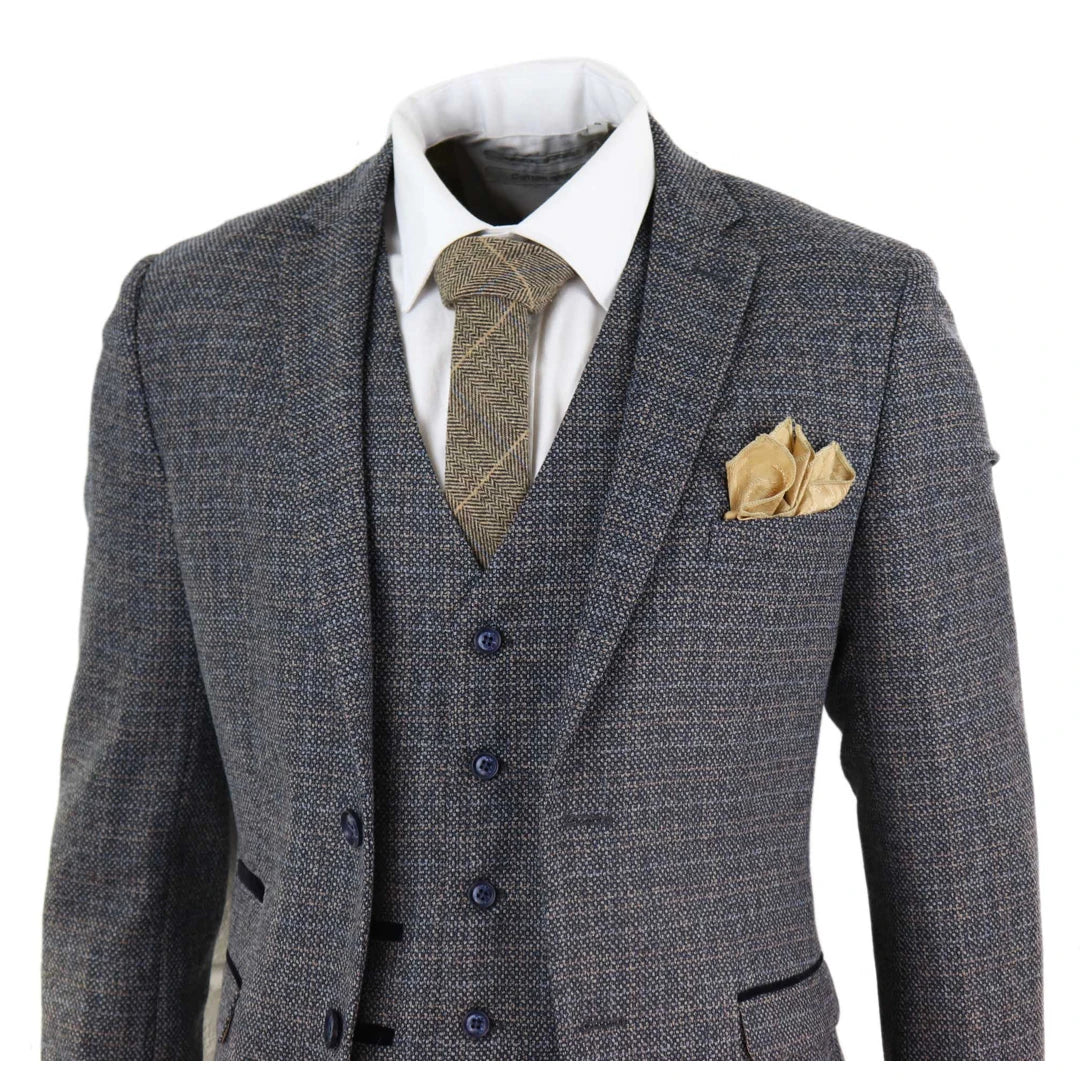 Mens 3 Piece Tweed Check Suit - Navy Blue-TruClothing