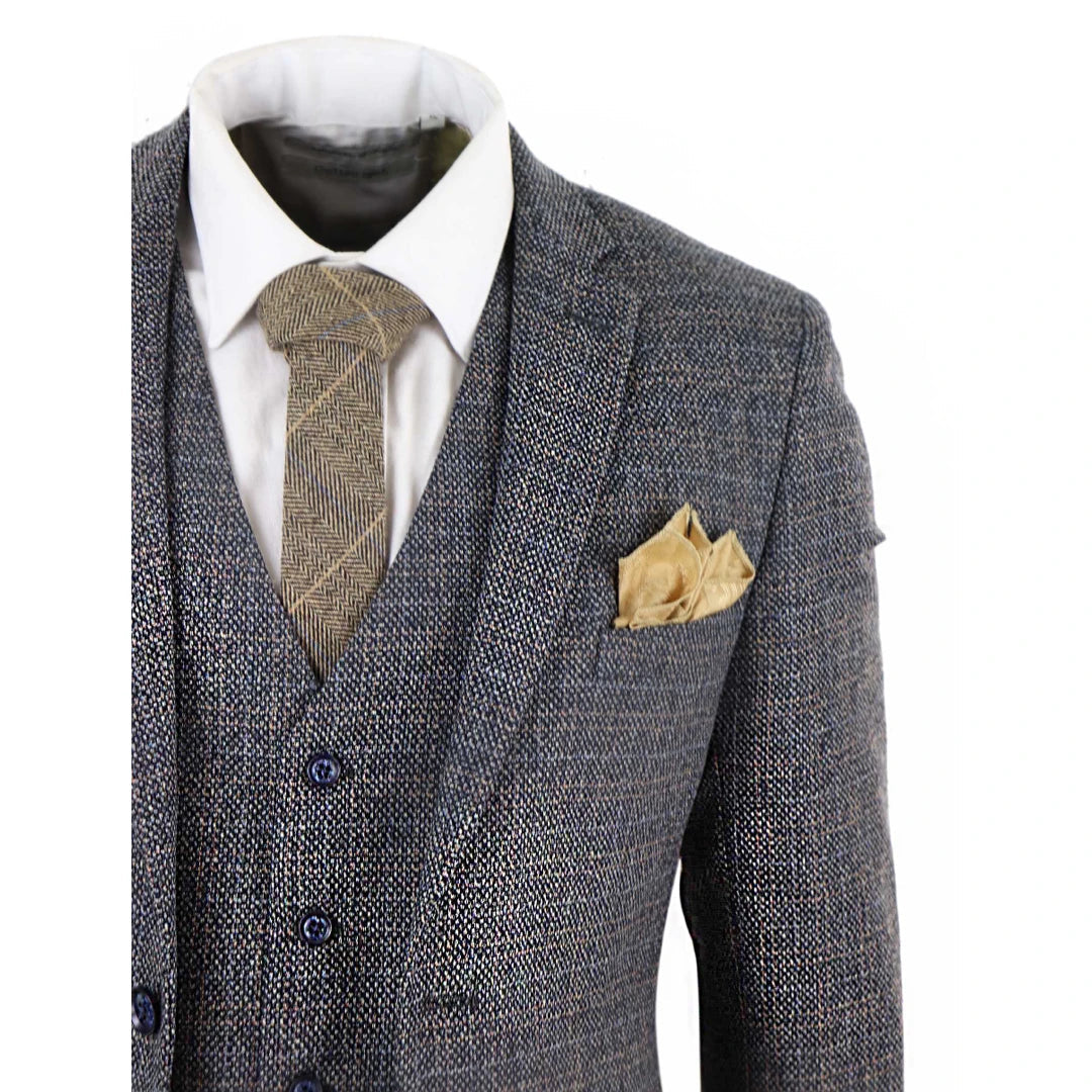 Mens 3 Piece Tweed Check Suit - Navy Blue-TruClothing