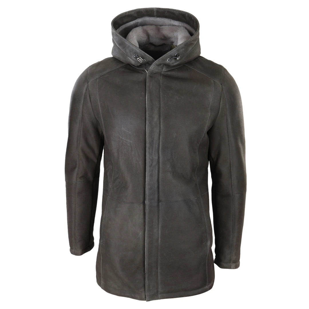 Mens 3/4 Brown Soft Sheepskin Hood Jacket Genuine 3/4 Coat Classic Warm Winter-TruClothing
