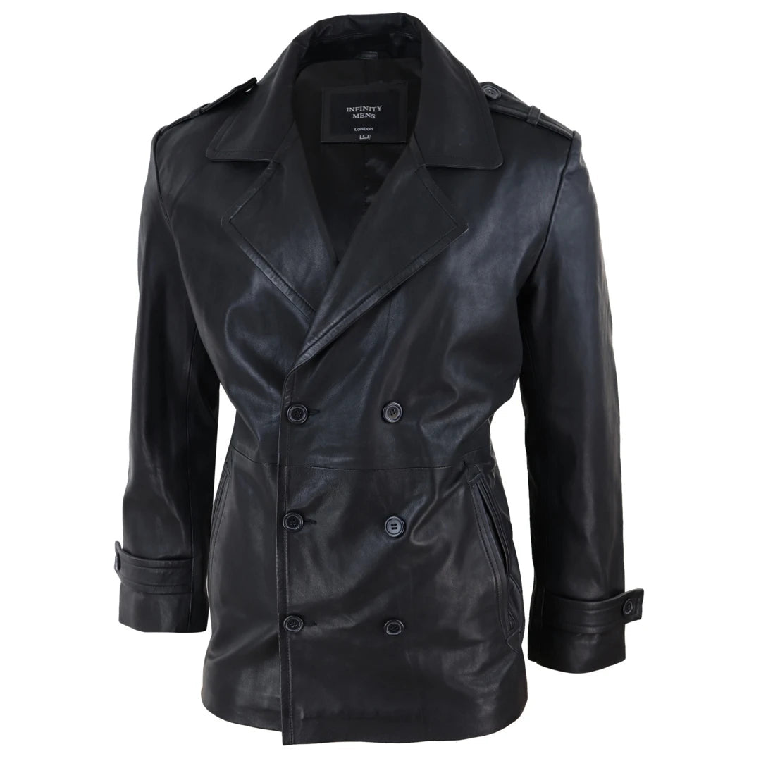Mens black leather sales peacoat