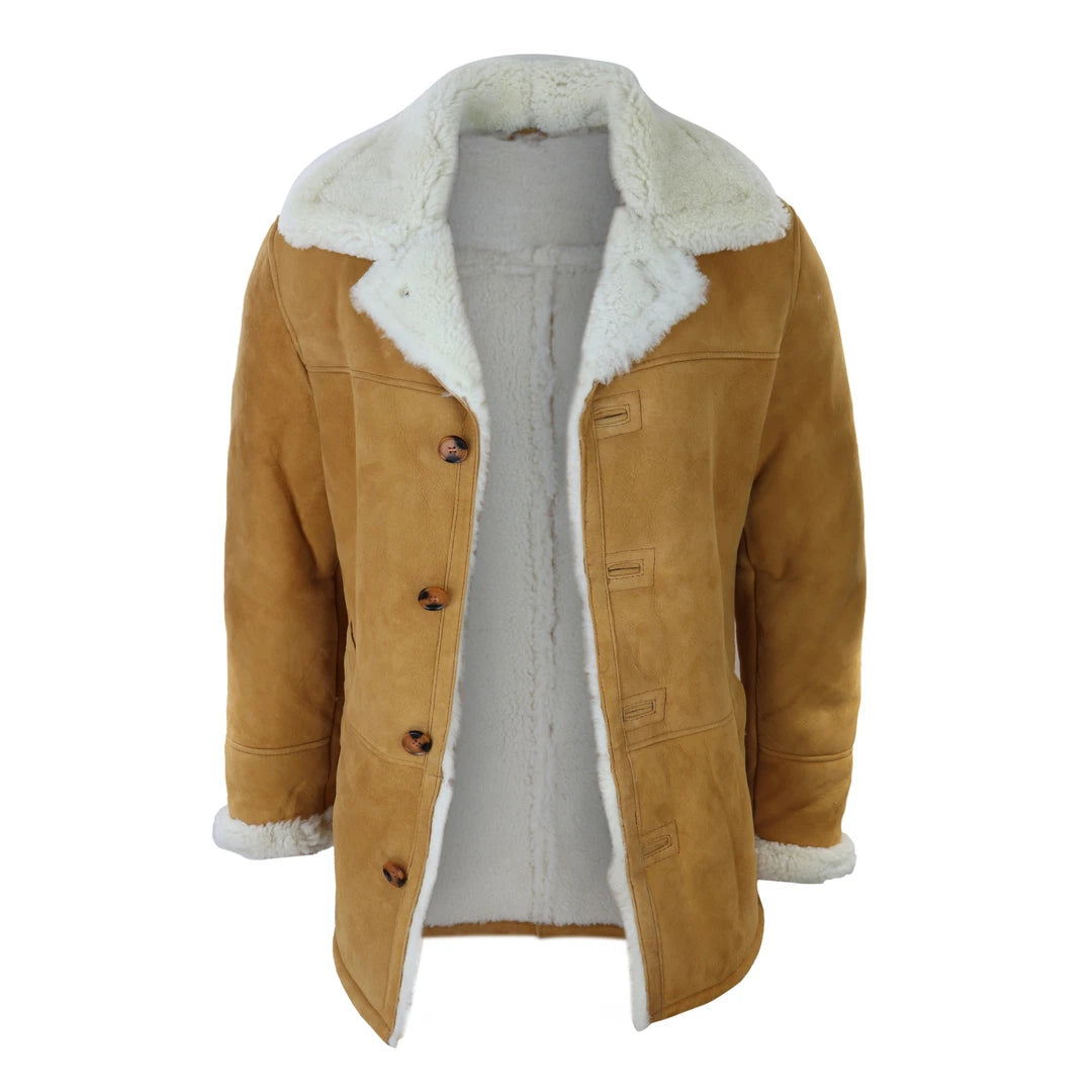 Mens 3/4 Genuine Sheepskin Coat Classic Tan Brown Camel Jacket Cream Fur-TruClothing