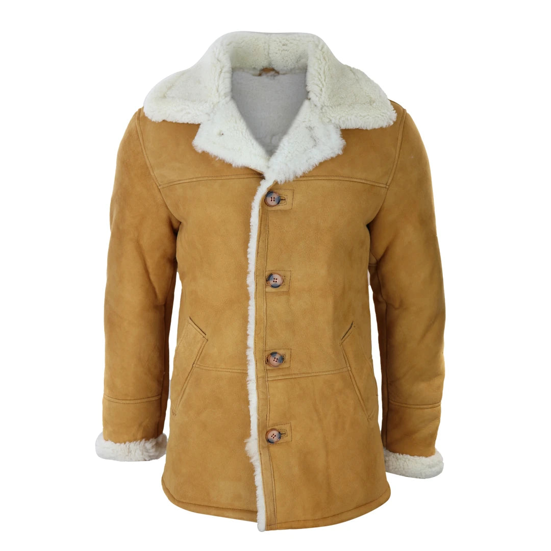 Mens 3/4 Genuine Sheepskin Coat Classic Tan Brown Camel Jacket Cream Fur-TruClothing