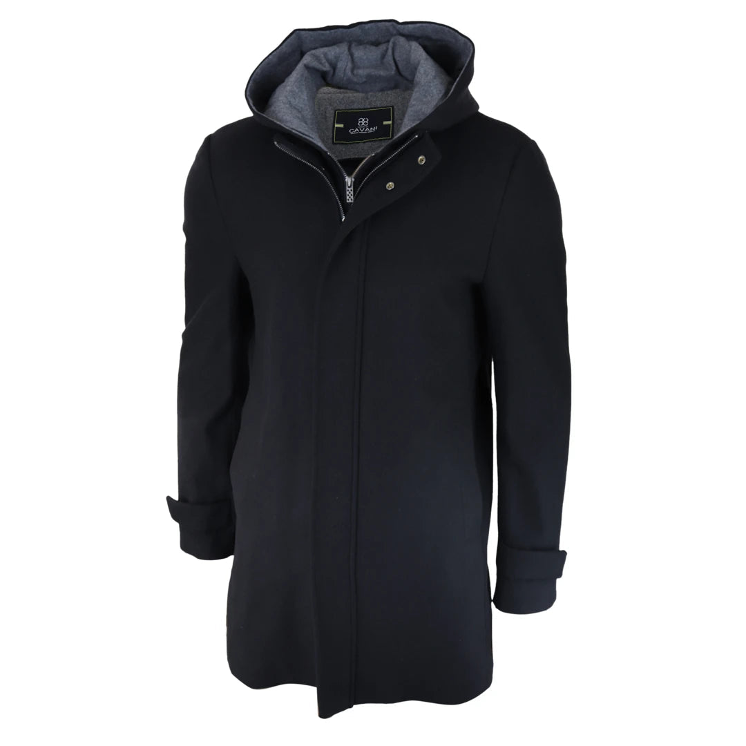 Cavani Michigan Men s 3 4 Long Black Overcoat Removable Hood TruClothing