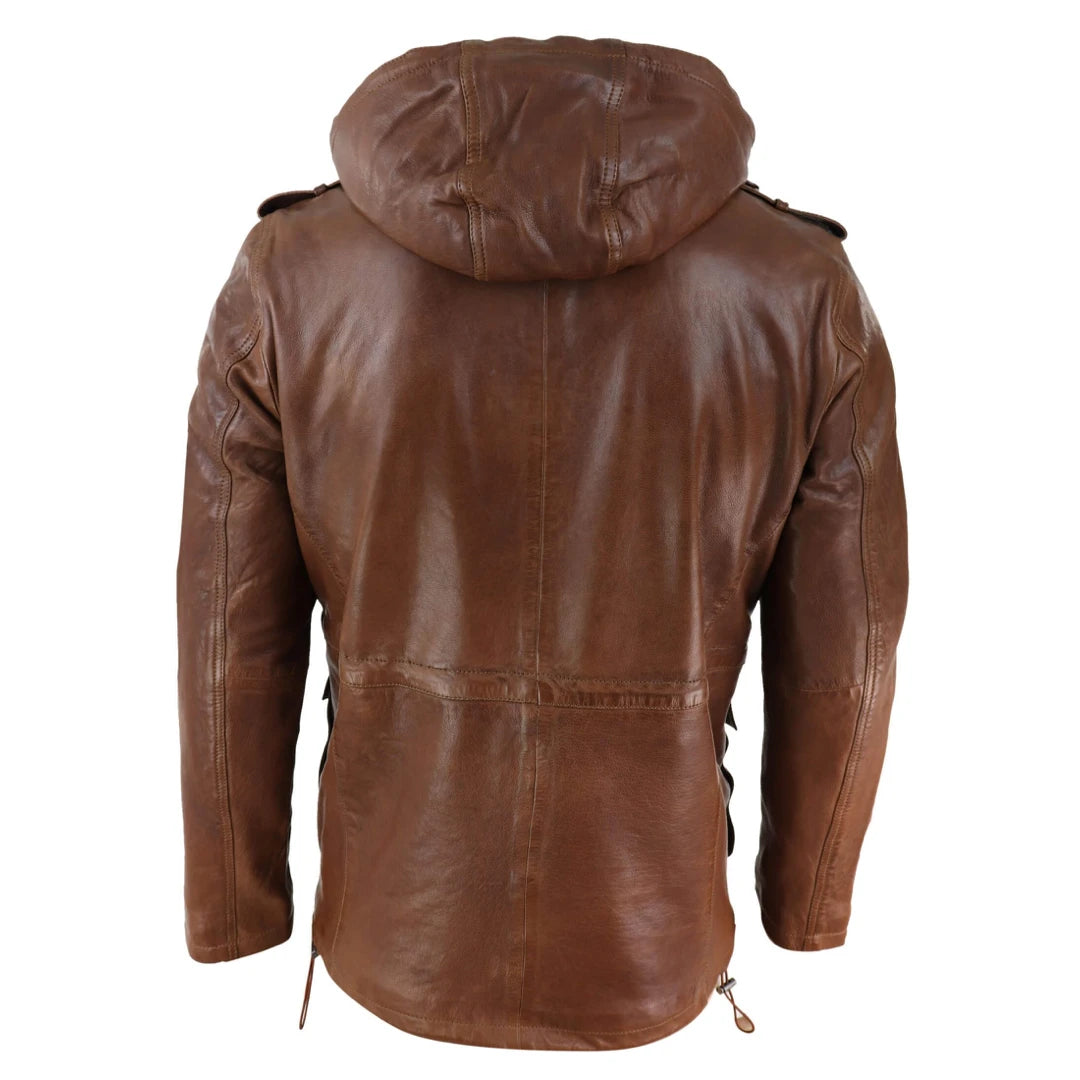 Mens 3/4 Long Real Leather Duffle Jacket Coat Safari Detachable Hood Military-TruClothing