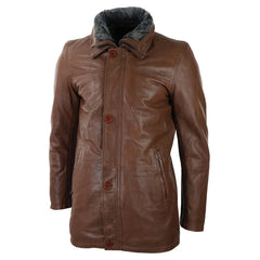 Mens 3/4 Long Real Leather Safari Jacket Classic Car Coat Zip Button Cover-TruClothing
