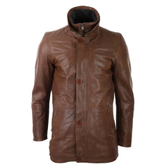 Mens 3/4 Long Real Leather Safari Jacket Classic Car Coat Zip Button Cover-TruClothing