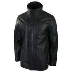 Mens 3/4 Real Leather Safari Jacket Overcoat Removable Double Zip Black Brown-TruClothing