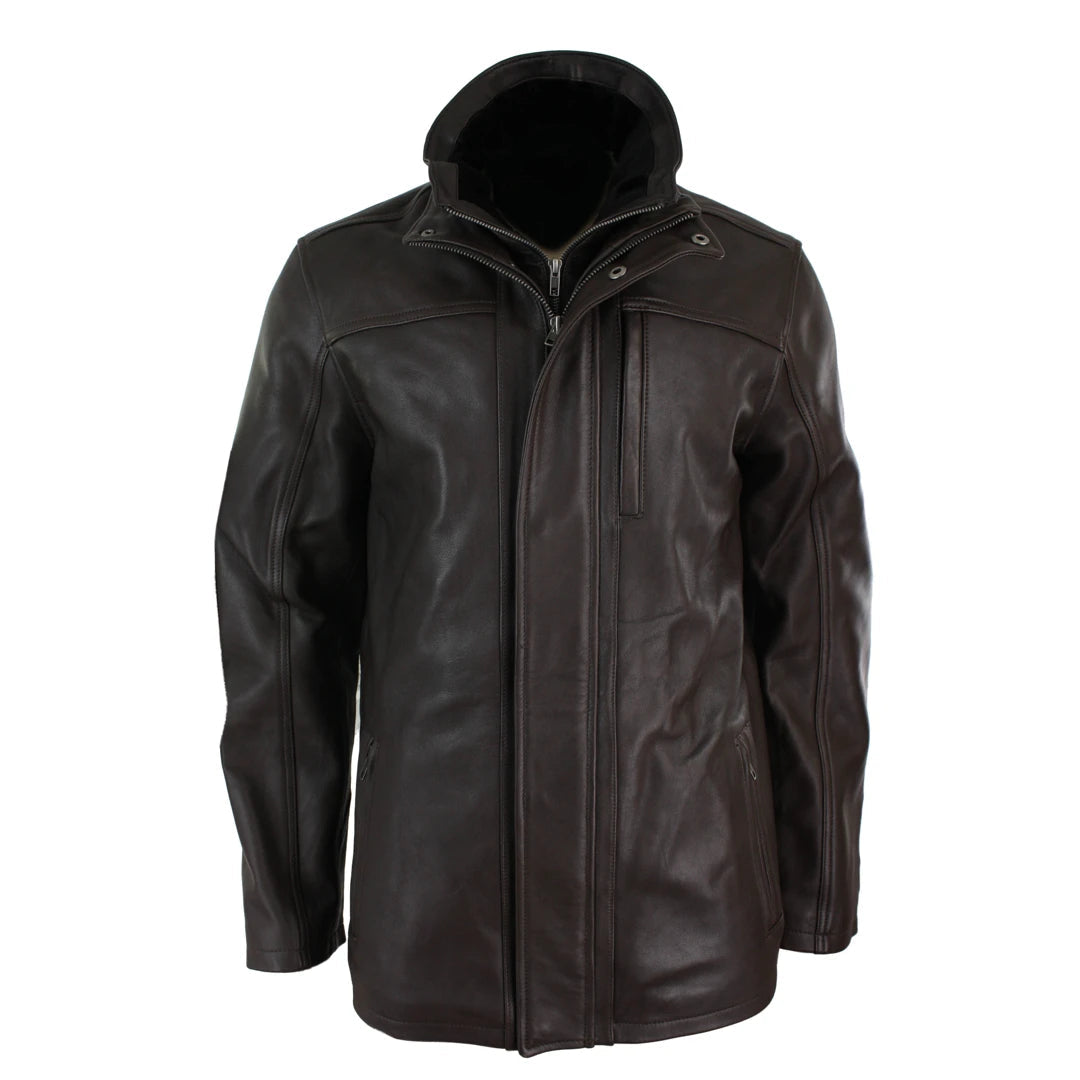 Mens 3/4 Real Leather Safari Jacket Overcoat Removable Double Zip Black Brown-TruClothing