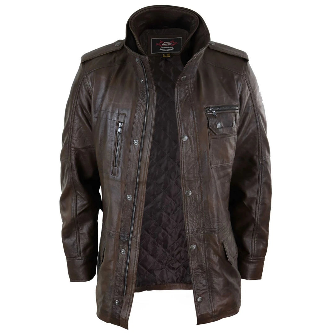 Mens 3/4 Tailored Fit Safari Parka Jacket Genuine Real Leather Military Black Brown Tan-TruClothing