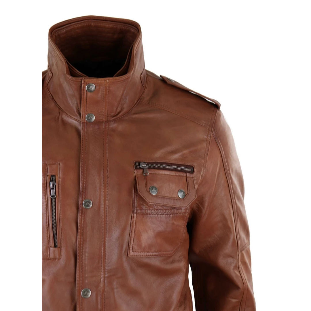 Mens 3/4 Tailored Fit Safari Parka Jacket Genuine Real Leather Military Black Brown Tan-TruClothing