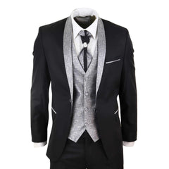 Mens 4 Piece Shawl Lapel Suit - Black/Silver-TruClothing