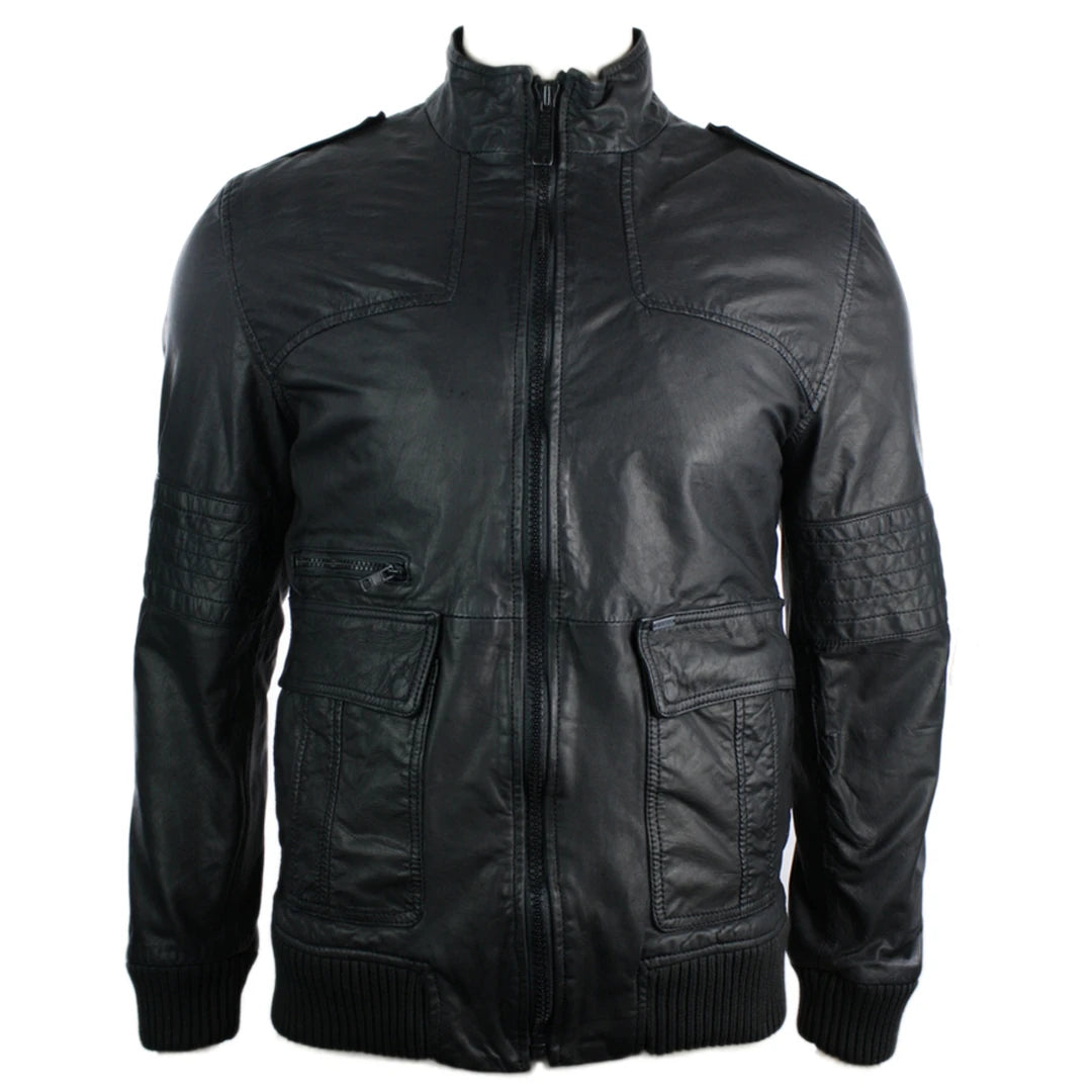 Mens All Retro Real Leather Jacket Jack Vintage Look Black Bomber-TruClothing