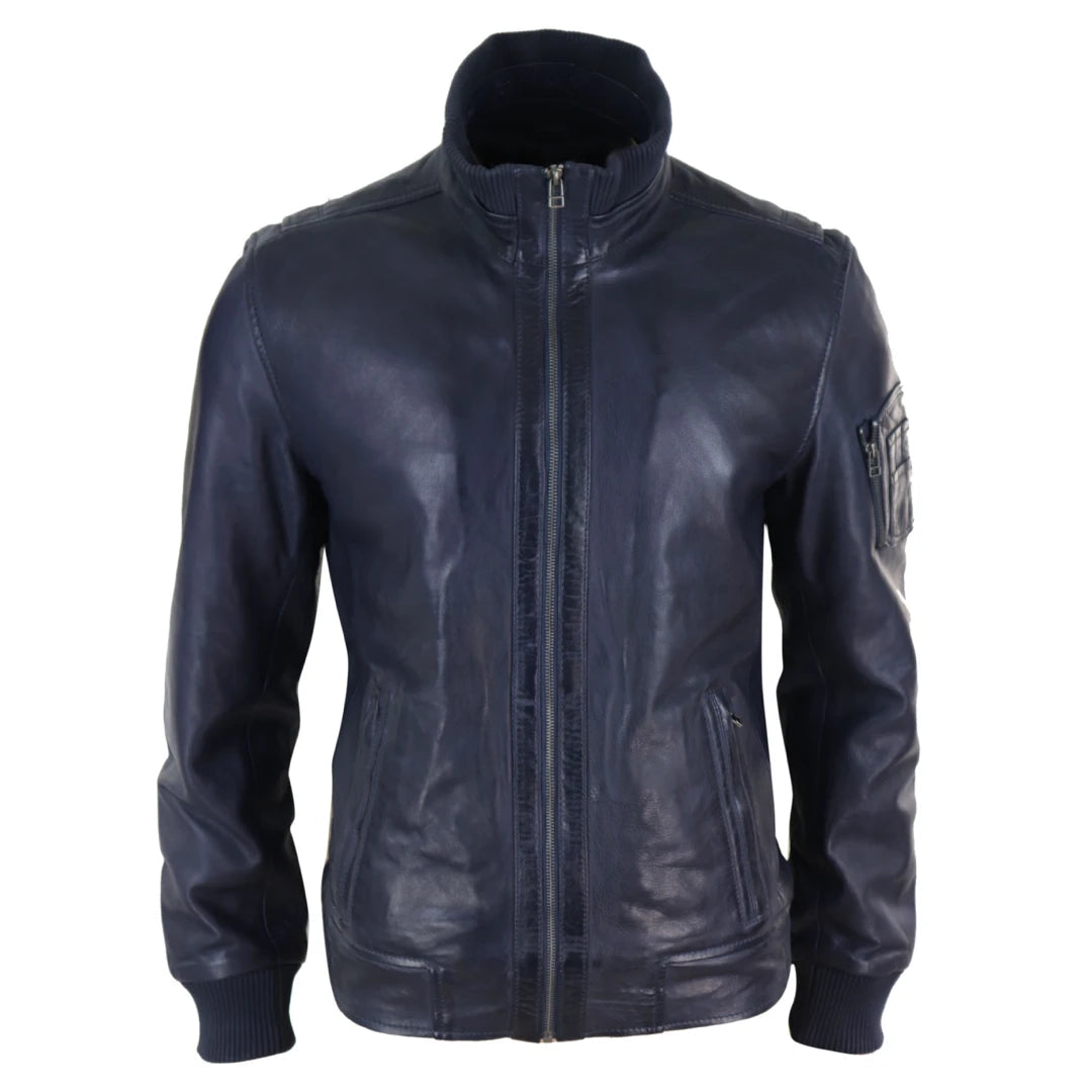 Mens Autumn Leather Jacket with High Neck-TruClothing