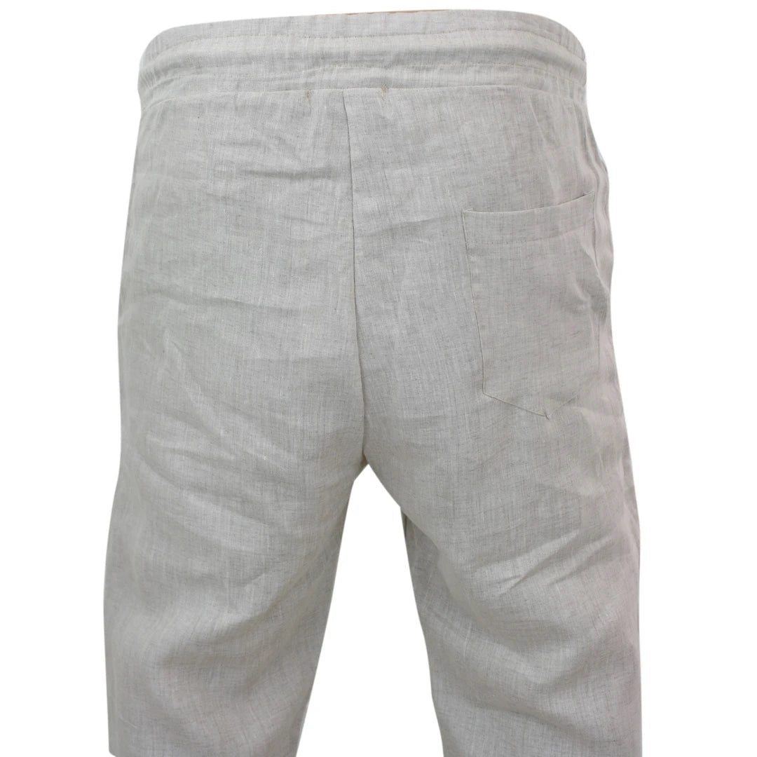 Mens Beige Cream Linen Summer Beach Trousers Elasticated Waist Tailored Fit-TruClothing