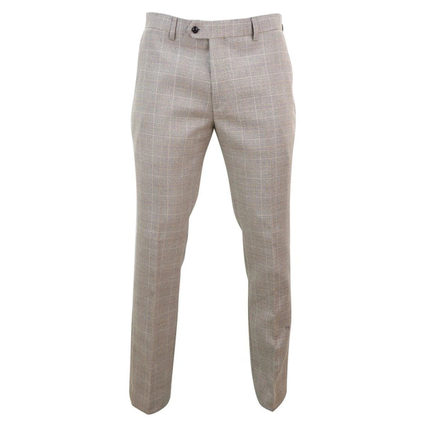 Men's Cotton Blend Light Beige & Green Checked Formal Trousers - Sojanya