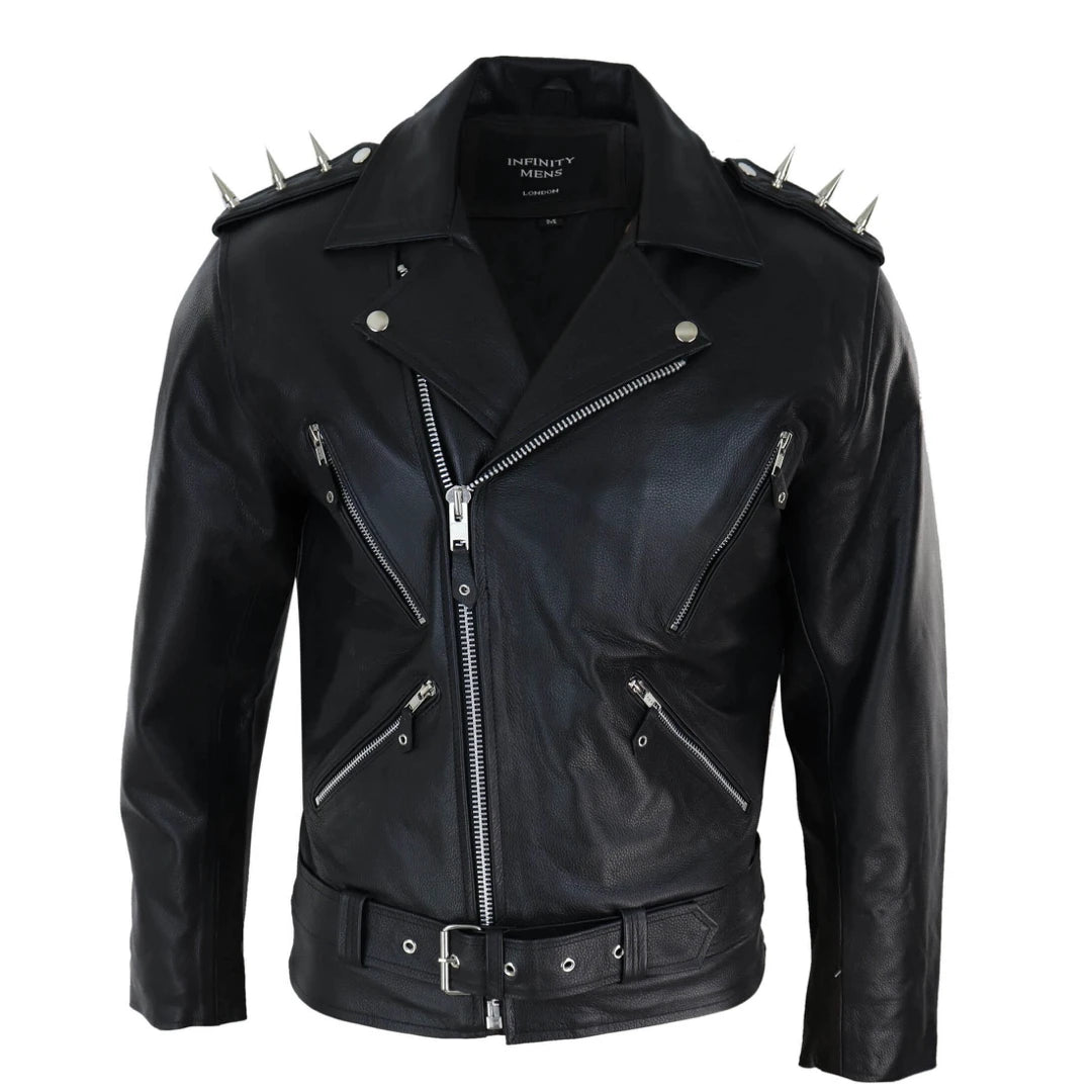 Mens Biker Leather Jacket with Spikes-TruClothing