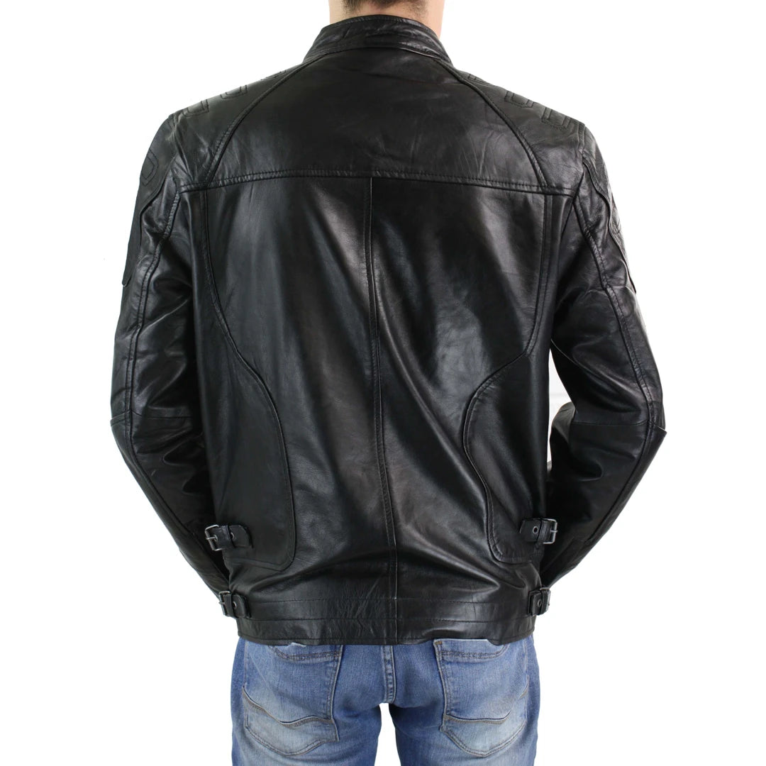 Mens Biker Style Real Leather Blue Black Zipped Jacket Smart Casual Retro Vintage-TruClothing