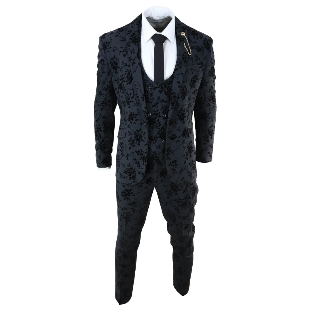 Mens Black 3 Piece Paisley Velvet Suit-TruClothing