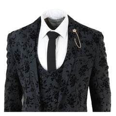Mens Black 3 Piece Paisley Velvet Suit-TruClothing