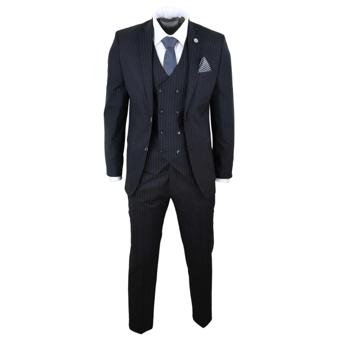 Mens Black 3 Piece Pinstripe Suit: Buy Online - Happy Gentleman United  States