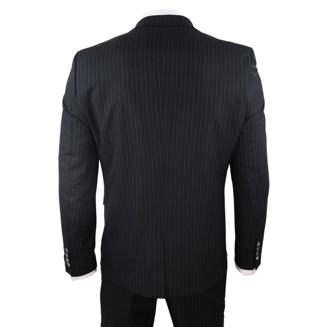Mens Black 3 Piece Pinstripe Suit-TruClothing