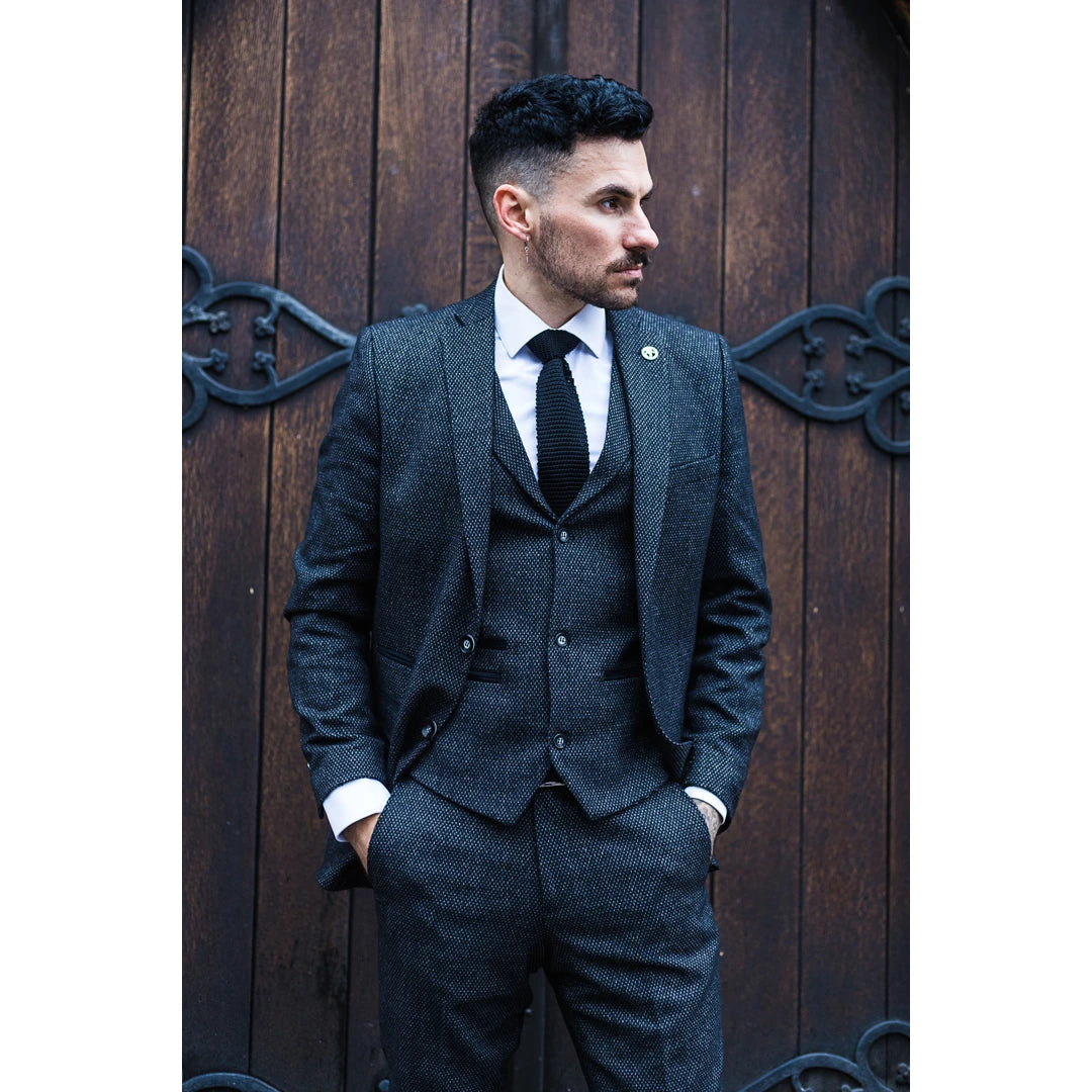 TruClothing STZ14 Traje 3 Piezas Lana Negro Hombre Tweed