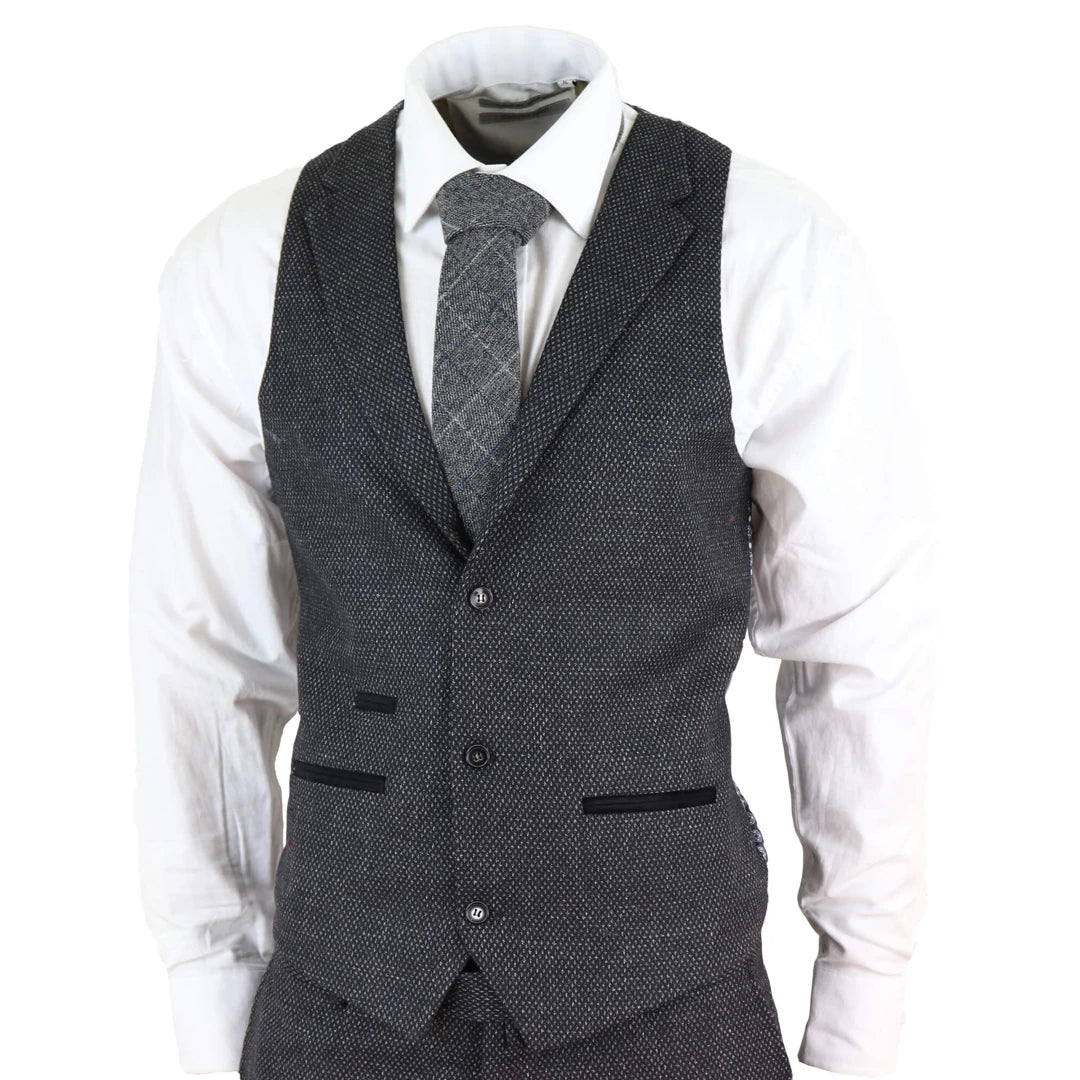Men's Black 3 Piece Wool Birdseye Suit-TruClothing