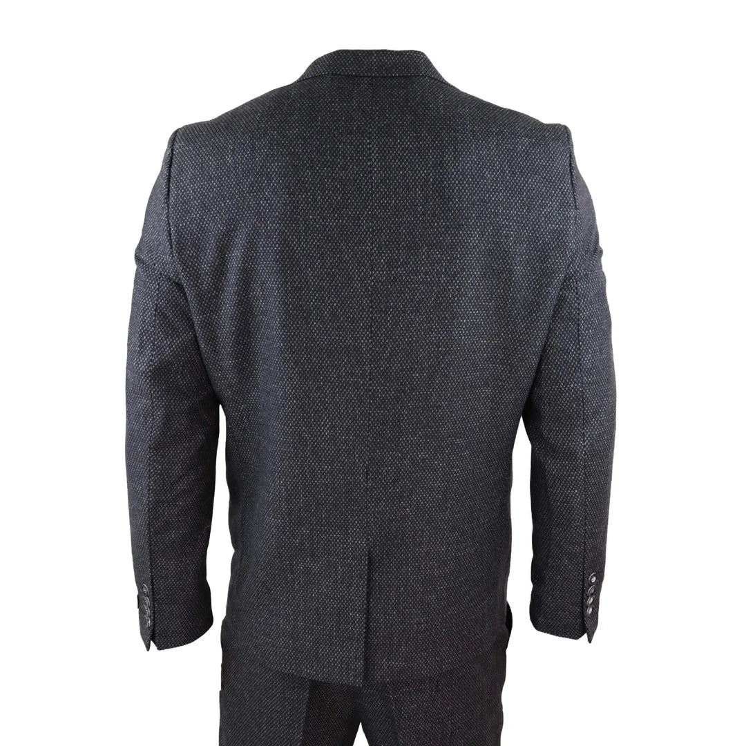 Men's Black 3 Piece Wool Birdseye Suit-TruClothing