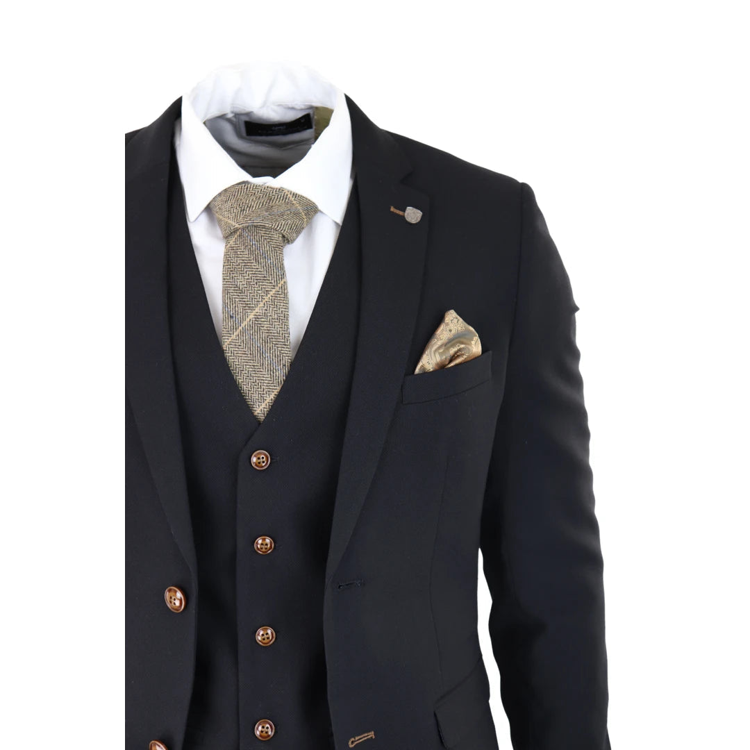 Mens Black 3 piece Suit Brown Trim Classic Birdseye Vintage Wedding Grooms-TruClothing