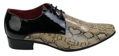 Mens Black Beige Snake Skin Patent Shiny Leather Shoes Italian Design Laced-TruClothing