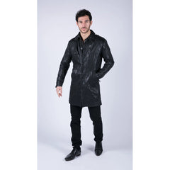 Mens Black Brown Real Leather Trench Coat Button Vintage 3/4 Casual-TruClothing